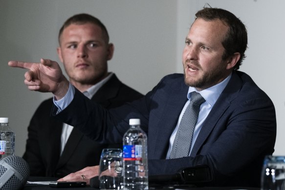 RLPA chief Clint Newton (right) and souths star Tom Burgess on Wednesday.