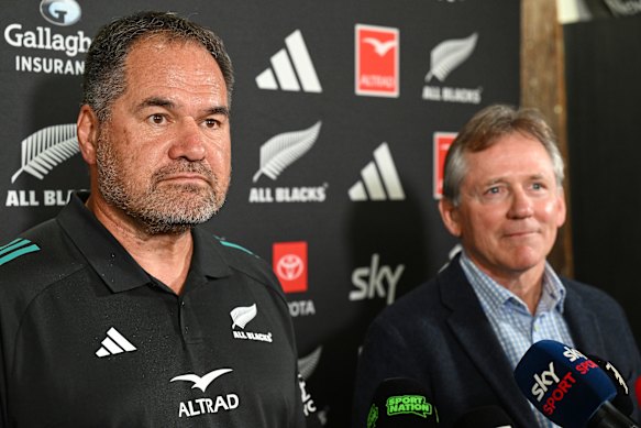 Dave Rennie, left, stands with New Zealand Rugby Chair David Kirk as he is announced as the new All Blacks head coach in Auckland.