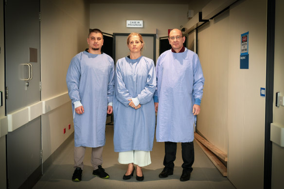 Ukraine’s Main Bureau of Forensic Medical Examination staff: Dr Vitalii Levchenko (left), head of forensic criminology division, and Dr Vitalii Povstianyi (right), acting bureau head, pictured with Professor Soren Blau from the International Commission on Missing Persons.