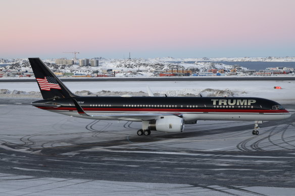 A plane carrying Donald Trump Jr lands in Nuuk, Greenland, on Tuesday.