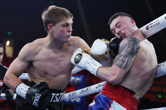 Nikita Tszyu (left) and Benjamin Bommber during their super-welterweight bout at Margaret Court Arena in Melbourne on May 24.