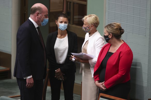 Liberal MPs Trent Zimmerman, Fiona Martin, Katie Allen and Bridget Archer in the Parliament. They crossed the floor along with their colleague Dave Sharma to help amend the government’s Religious Discrimination Bill.