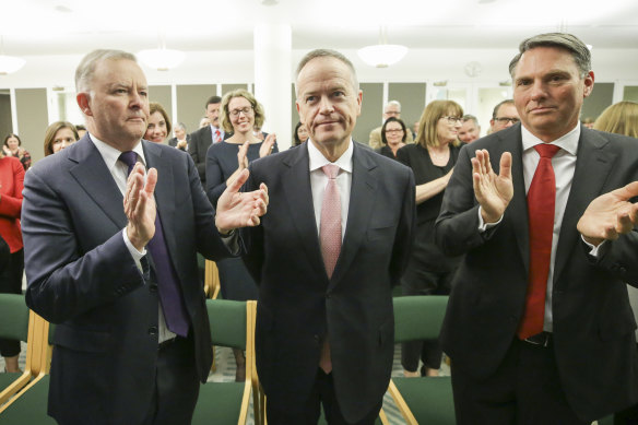 Labor leader Anthony Albanese, former party leader Bill Shorten and deputy leader Richard Marles.