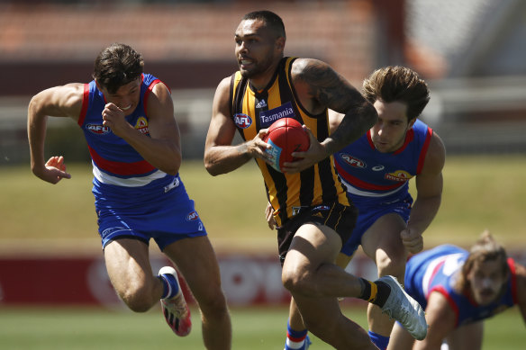 Jarman Impey during the Hawks’ pre-season win over the Bulldogs on Wednesday. 
