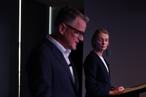 Telstra CEO Vicki Brady (right) and CFO Michael Ackland provide an update on the telco’s outage.
