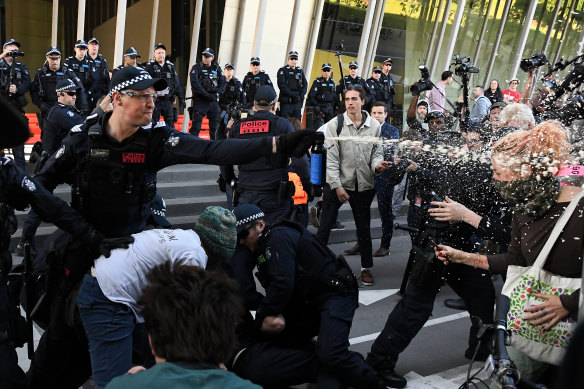 The activists faced off against police, who used capsicum spray on the crowd.