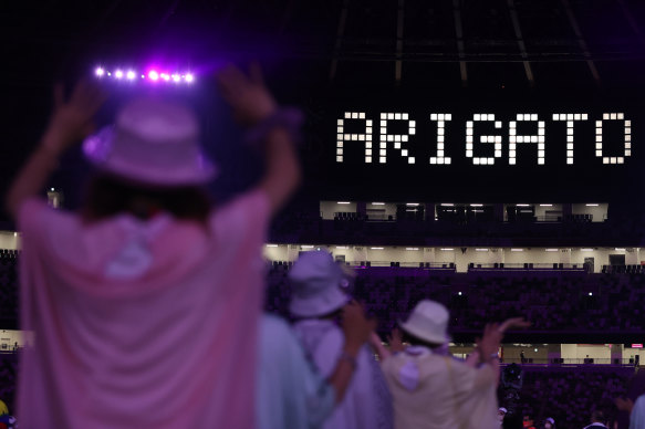 Thank you, Japan: The word arigato is displayed in the Olympic Stadium as the organisers thanked the Japanese people and the teams for a Games like no other.