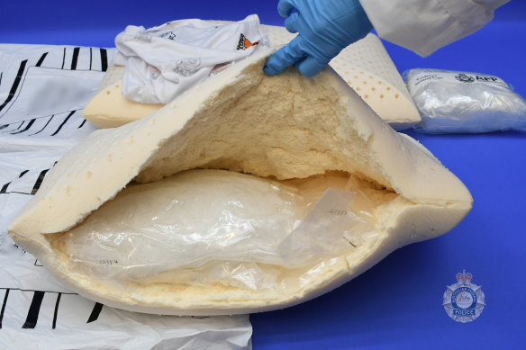 The methamphetamine was found in a shipment of latex pillows. 