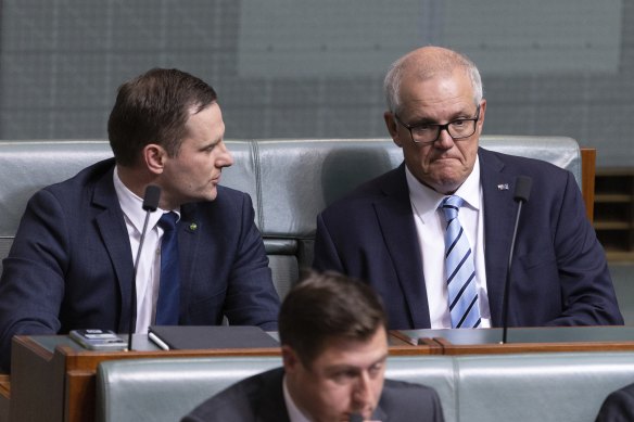 Scott Morrison (right) and Alex Hawke in parliament on Wednesday. 