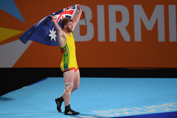 Jayden Lawrence celebrates after winning the bronze medal at the 2022 Commonwealth Games. 