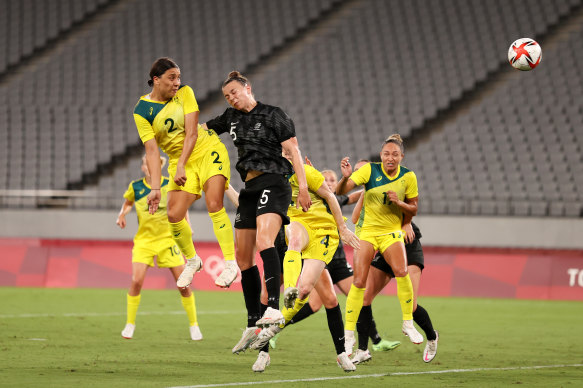Sam Kerr scores Australia’s second goal of the night in Tokyo.