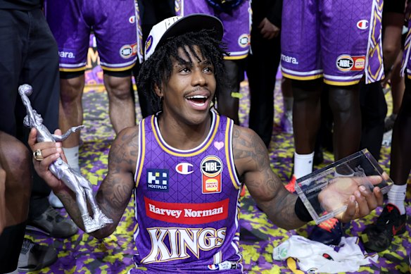 Finals MVP Kendric Davis celebrates the Sydney Kings’ victory.