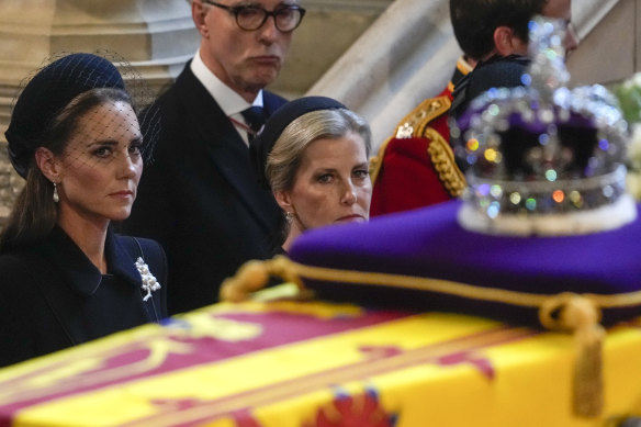 The Princess of Wales and Sophie, the Countess of Wessex, watch over the Queen’s coffin in Westminster Hall.