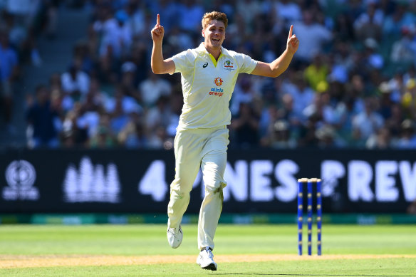 Cameron Green celebrates one of his five wickets on Boxing Day.