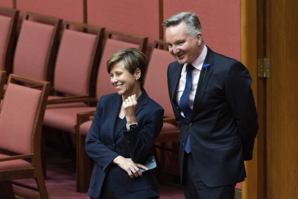 Climate Change and Energy Minister Chris Bowen with the assistant minister Jenny McAllister in the Senate chamber on Thursday.