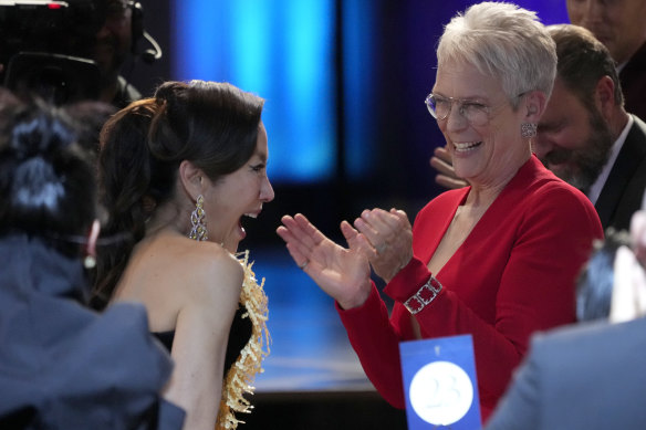 Leading the Oscar race: Michelle Yeoh and Jamie Lee Curtis at last week's Screen Actors Guild Awards.