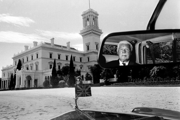 Sir Rohan Delacombe being driven to the front of Government House in Melbourne on his last day in office  in 1974.