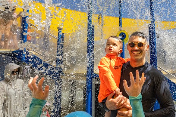 Dylan Calder and Jesse, 2, at Waves Aquatic and Fitness Centre’s Splash Pad in Baulkham Hills.