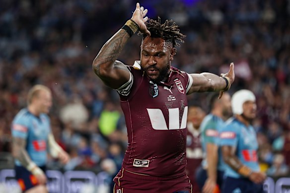 Hamiso Tabuai-Fidow celebrates his try before things turned sour for Queensland.