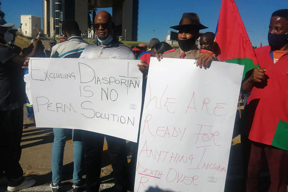 People stage at protest in Windhoek, Namibia on Friday. 