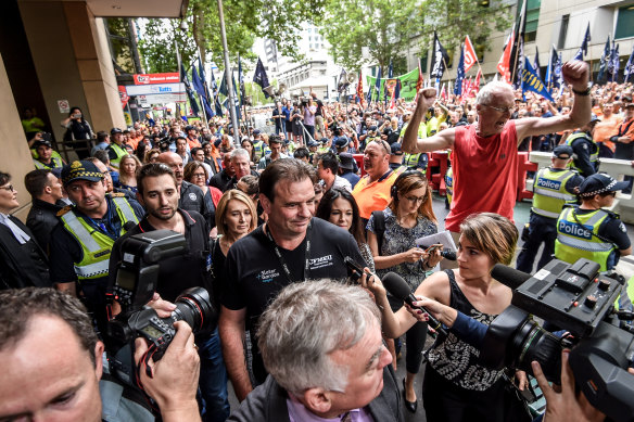 CFMEU Victorian secretary John Setka, centre, photographed in 2018  before the unions had to grapple with coronavirus jab mandates.