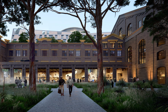 The Powerhouse’s main public square looking back from Good’s Line and planted with native species. 