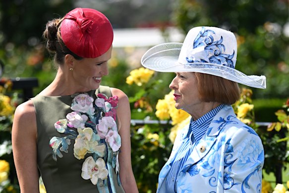 Hall of fame trainer Gai Waterhouse and commentator Francesca Cumani at Monday’s launch of the Melbourne Cup Carnival at Flemington. 