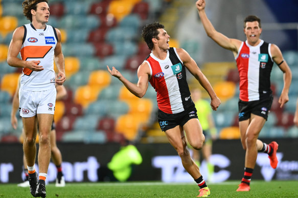 Jack Steele celebrates after scoring for the Saints in their win over the Giants on Friday night. 