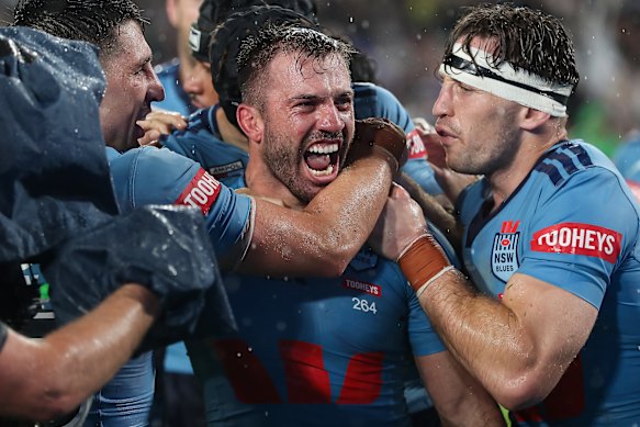 James Tedesco celebrates his match-winning try for NSW in Origin I in 2026.