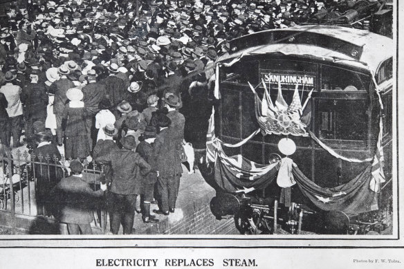 The first electric train on the Melbourne network, pictured at its launch at Essendon station in 1919 was a Tait train, later dubbed a Red Rattler.