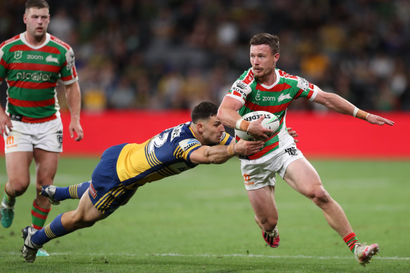 Damien Cook runs with the ball at Bankwest Stadium.