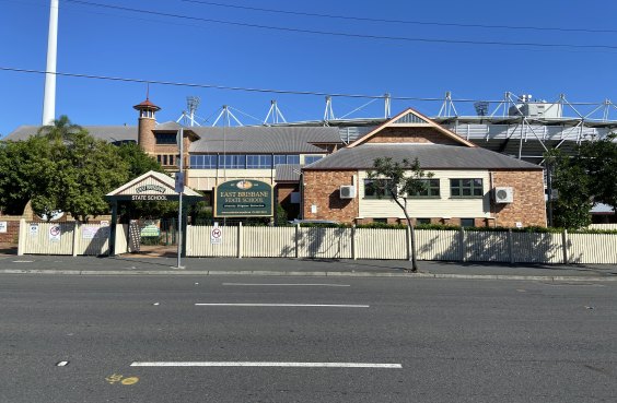 The Gabba looms over East Brisbane State School, at the intersection of Wellington Road and Vulture Street in Woolloongabba.