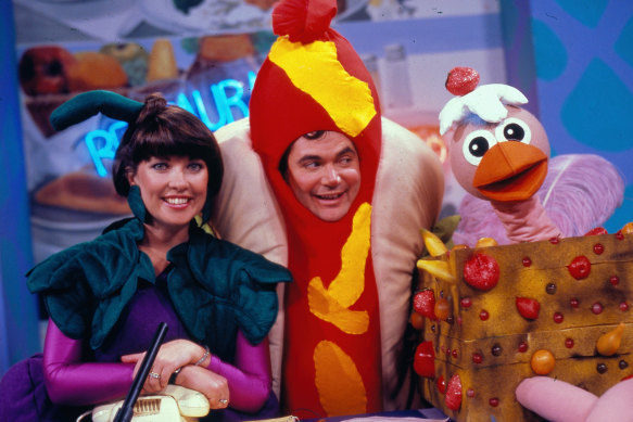 Daryl Somers with co-host Jacki MacDonald and Ossie Ostrich on Hey Hey It’s Saturday in 1987.