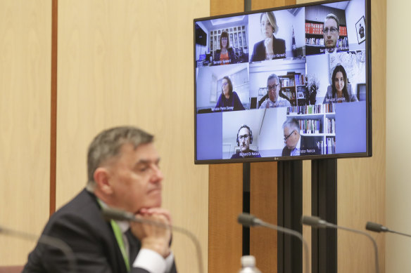 Professor Brendan Murphy and friends communicate at a Senate inquiry via Zoom. 