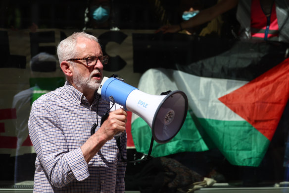 Former Labour leader Jeremy Corbyn speaks to pro-Palestine students and protesters in London in June.