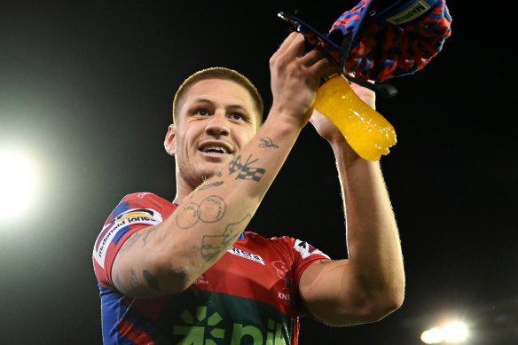 Kalyn Ponga laps up the hometown crowd after Newcastle’s win over Canberra last week.