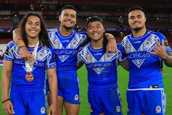 Jarome Luai, Stephen Crichton, Brian To’o and Spencer Leniu playing for Samoa at the 2022 World Cup.