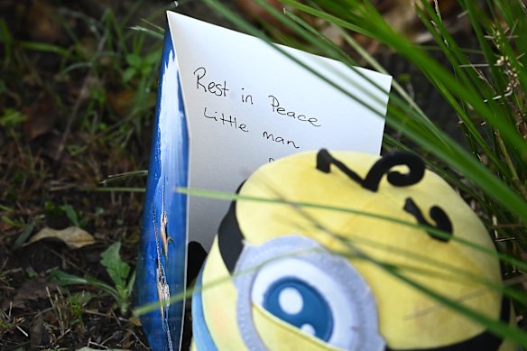 Stuffed toys and flowers are being left at the memorial for the four-year-old boy.