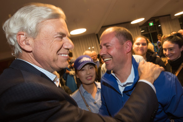 Federal Treasurer Josh Frydenberg gets a big congratulations from Michael Kroger after claiming Kooyong at last year's federal election.