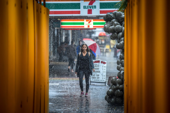 It was raining hard on Fitzroy Street, St Kilda, on Tuesday afternoon.