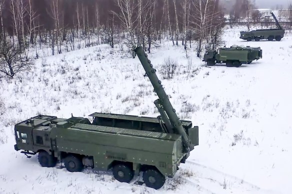 The Russian army’s Iskander missile system - capable of launching tactical nuclear warheads - take positions during drills in Russia in January.