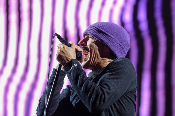 Red Hot Chili Peppers singer Anthony Kiedis on stage at Marvel Stadium in February.