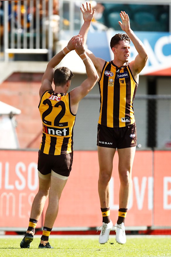 Jacob Koschitzke of the Hawks celebrates a goal with Luke Breust during their round six match against the Crows at University of Tasmania Stadium.
