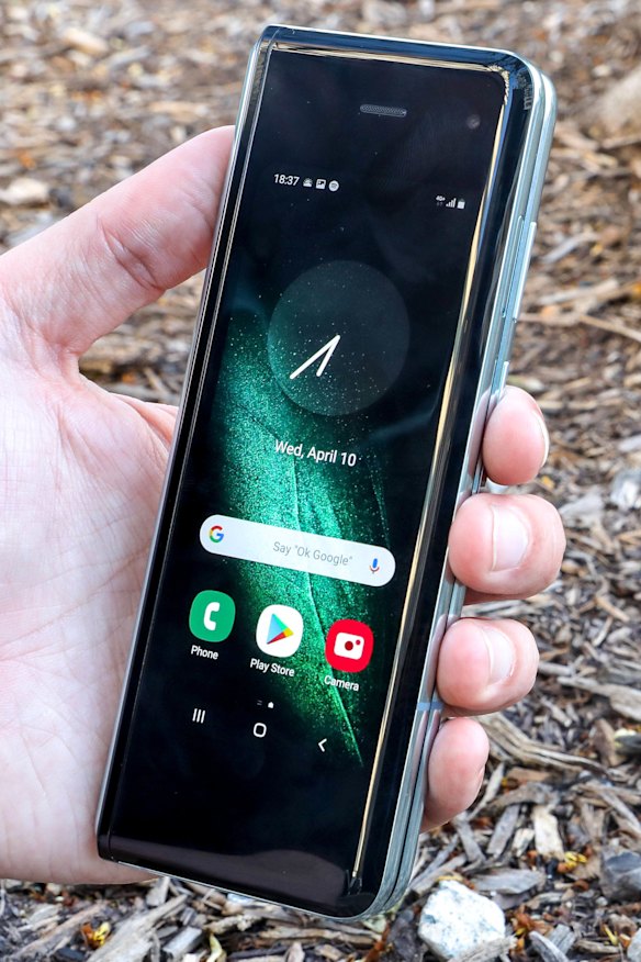 Closed up in 'phone' mode, Samsung's Galaxy Fold is a little taller than other phones, but much thinner and easier to grip.