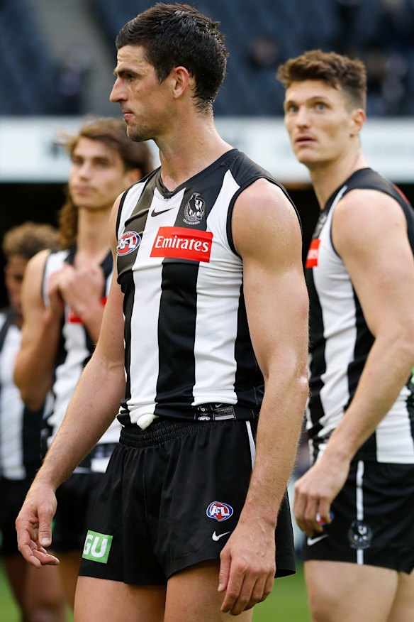 Scott Pendlebury looks on after the Magpies’ close loss to the Dockers at Marvel Stadium.