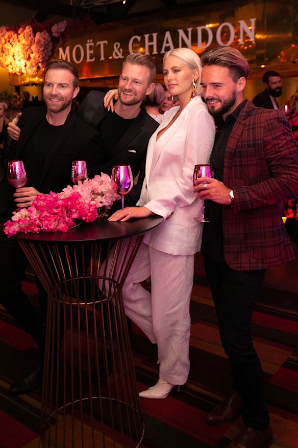 Michael Brown, Mark Evans, Jesinta Franklin and Adam Finch at the Moet & Chandon Grand Party at Hemmesphere.
