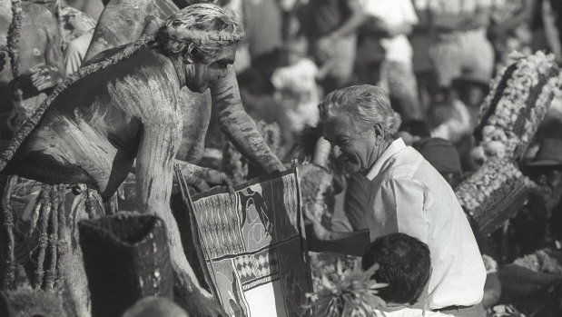 June 1988: Then prime minister Bob Hawke receives the Barunga statement from Galarrwuy Yunupingu in Arnhem Land.