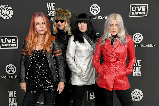 L7, (L-R) Jennifer Finch, Suzi Gardner, Demetra Plakas, and Donita Sparks, pictured in 2020.