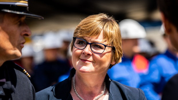 Defence Minister Linda Reynolds during the 2019 launch of the submarine built by Naval Group.
