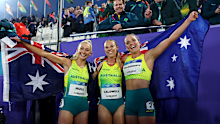 Silver medallist Jessica Hull, gold medallist Abbey Caldwell and bronze medallist Claudia Hollingsworth after the women’s mile in Glasgow.